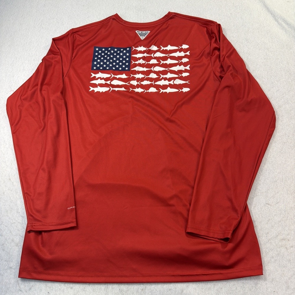 Columbia PFG Shirt UV Omni‎ Shade Size L Red USA American Flag Fish Long Sleeves